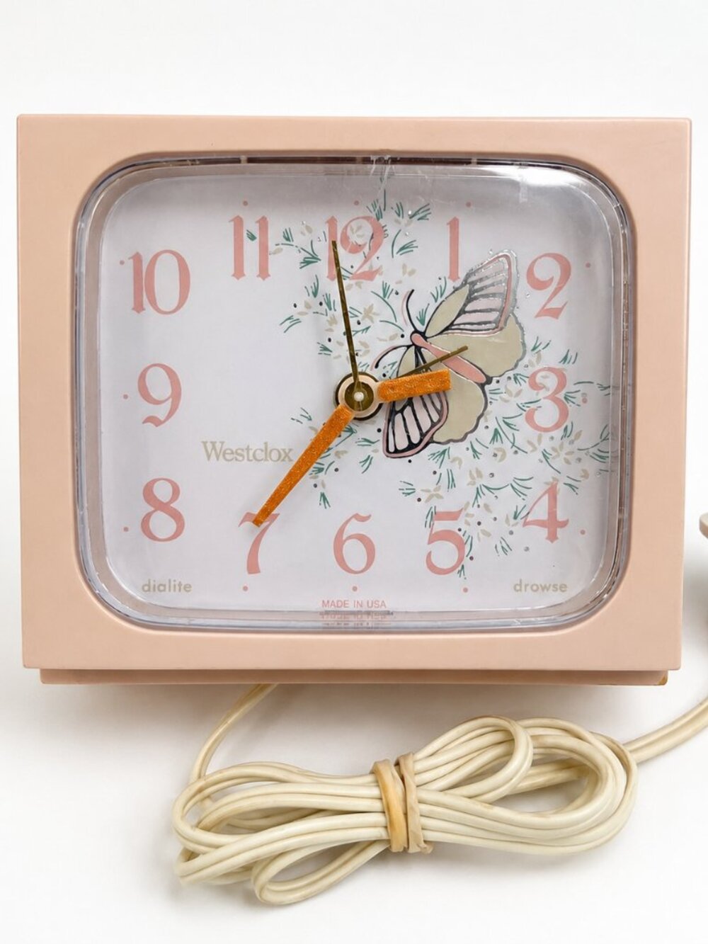 Vintage Westclox Pastel Pink Butterfly Nightstand Alarm Clock MCM Midcentury Mod